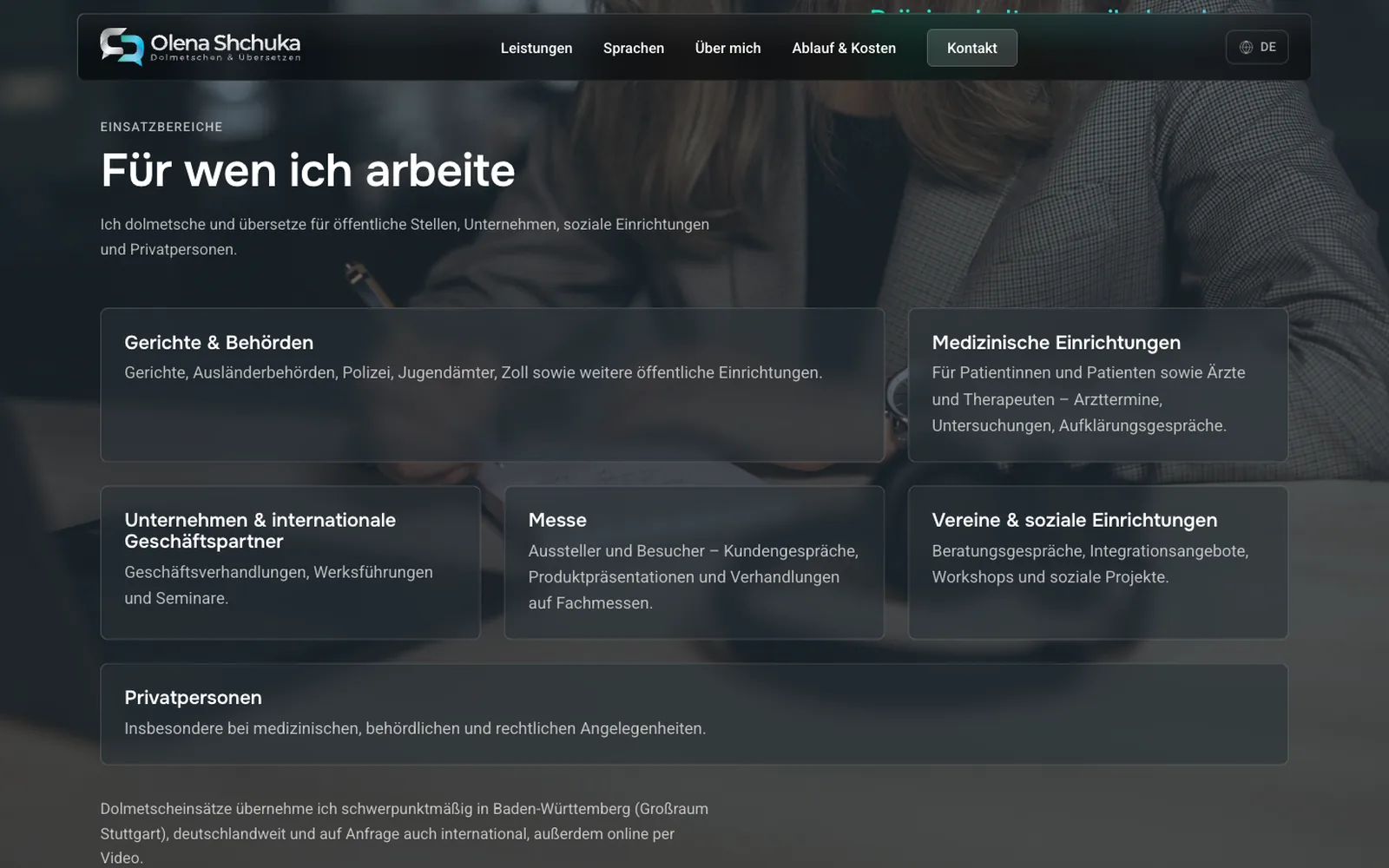 Bereich „Für wen ich arbeite“: Gerichte, Behörden, medizinische Einrichtungen, Unternehmen, Messe, Vereine und Privatpersonen