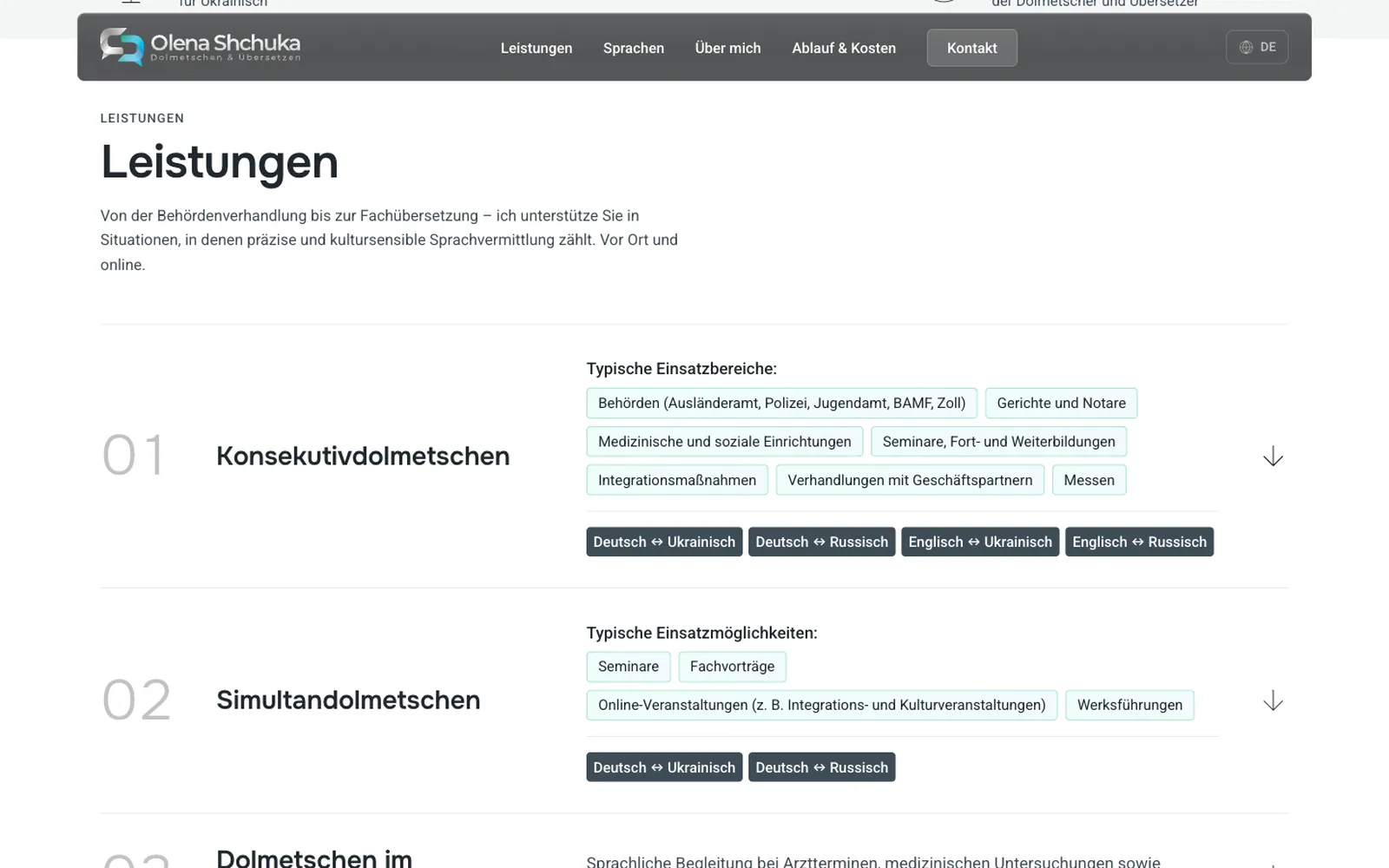 Leistungen auf der Dolmetscher-Website: Konsekutiv- und Simultandolmetschen mit Einsatzbereichen und Sprachpaaren