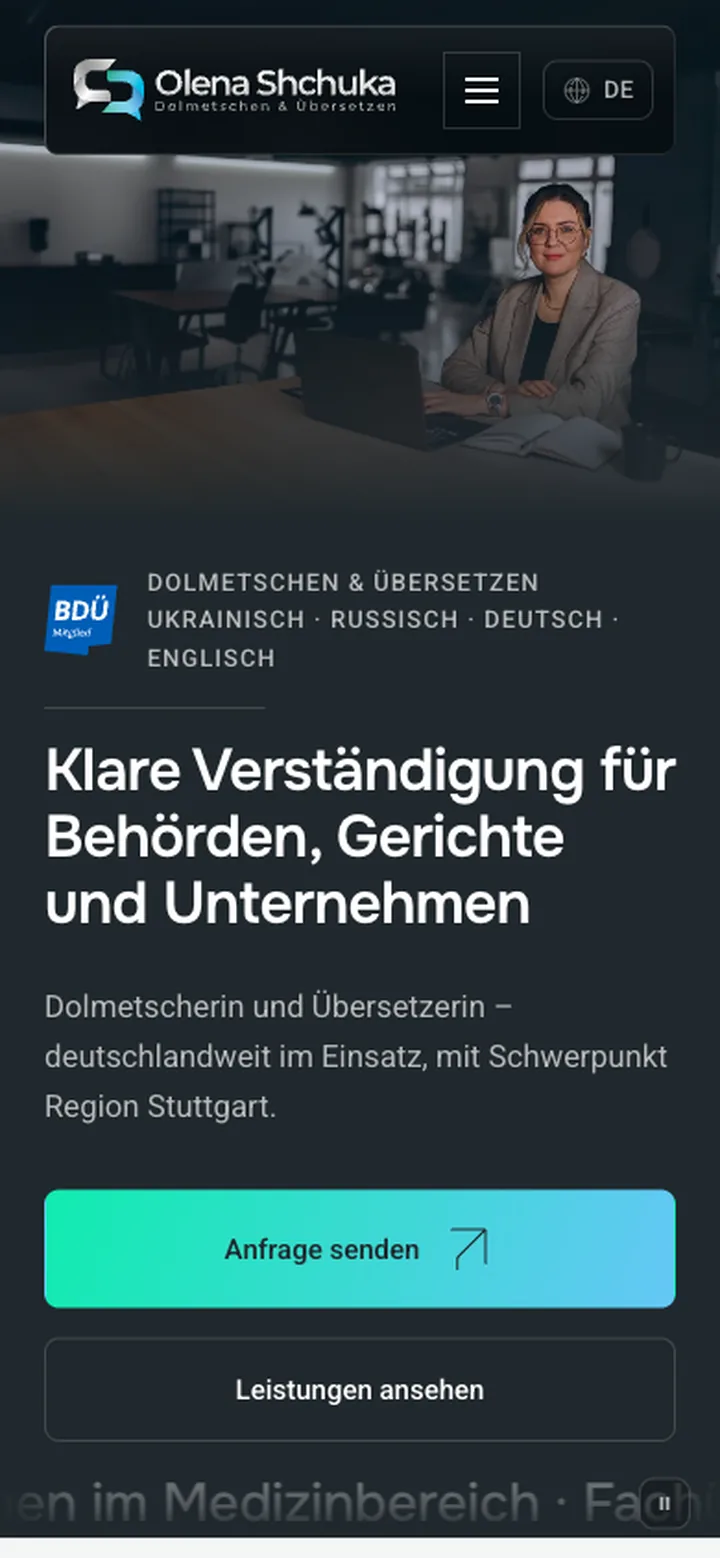 Mobile Ansicht der Website von Olena Shchuka auf dem Smartphone