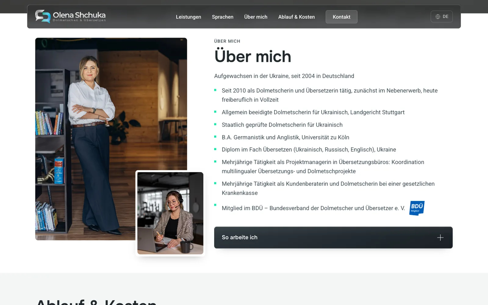 Bereich „Über mich“ mit Fotos aus dem Fotoshooting und Qualifikationen der Dolmetscherin