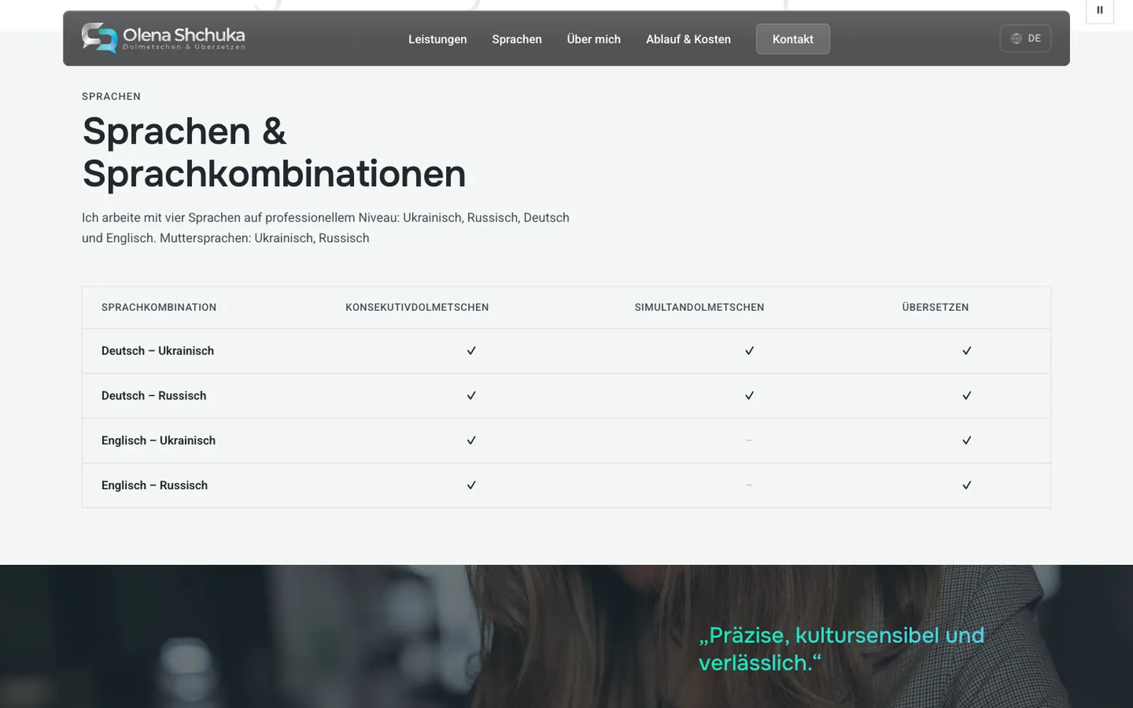 Tabelle der Sprachkombinationen Deutsch, Ukrainisch, Russisch und Englisch auf der Übersetzer-Website